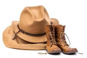 AI generated Travel set isolated on white background. Hat, backpack and boots. Neural network AI generated photo