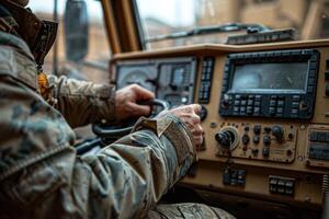 AI generated Close-up of the crane operator's hands controlling the lever photo