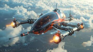AI generated Military unmanned aerial vehicle UAV patrolling the area above the city photo