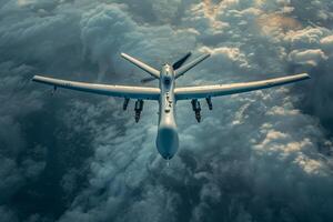 AI generated A military unmanned aerial vehicle UAV patrols flying over the clouds photo
