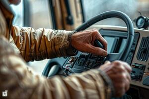 AI generated Close-up of the crane operator's hands controlling the lever photo