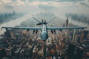 AI generated Military unmanned aerial vehicle UAV patrolling the area above the city photo