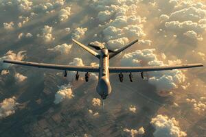 AI generated A military unmanned aerial vehicle UAV patrols flying over the clouds photo