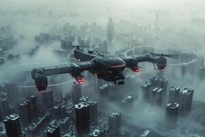 AI generated Military unmanned aerial vehicle UAV patrolling the area above the city photo