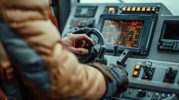 AI generated Close-up of the crane operator's hands controlling the lever photo