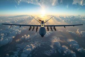 AI generated A military unmanned aerial vehicle UAV patrols flying over the clouds photo