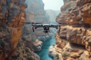 AI generated A military quadcopter is patrolling the area in the mountain gorge photo