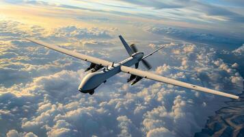 AI generated A military unmanned aerial vehicle UAV patrols flying over the clouds photo