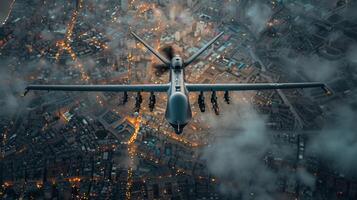 AI generated Military unmanned aerial vehicle UAV patrolling the area above the city photo