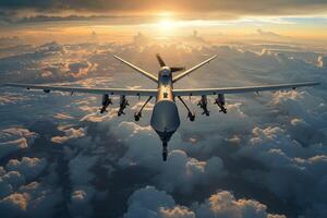 AI generated A military unmanned aerial vehicle UAV patrols flying over the clouds photo