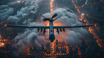 AI generated Military unmanned aerial vehicle UAV patrolling the area above the city photo