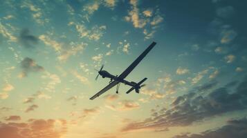 AI generated A military unmanned aerial vehicle UAV patrols flying over the clouds photo