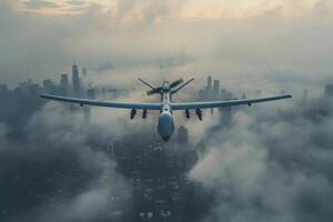 AI generated Military unmanned aerial vehicle UAV patrolling the area above the city photo