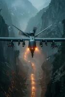 AI generated A military unmanned aerial vehicle UAV patrols the area in the gorge of the mountain photo