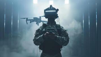 AI generated A soldier wearing virtual reality glasses controls a quadcopter. Modern military weapons photo