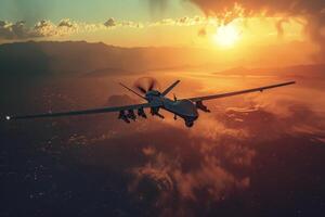 AI generated A military unmanned aerial vehicle UAV patrols flying over the clouds photo