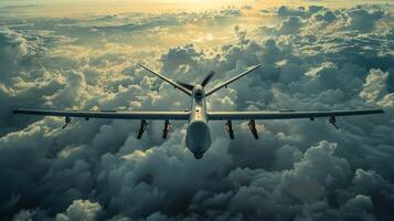 AI generated A military unmanned aerial vehicle UAV patrols flying over the clouds photo