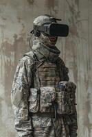 AI generated A special forces soldier in a bulletproof vest and helmet with a night vision device on the street at night photo