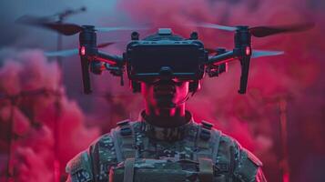 AI generated A soldier wearing virtual reality glasses controls a quadcopter. Modern military weapons photo