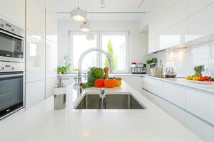 AI generated New elite white kitchen with lying vegetables photo