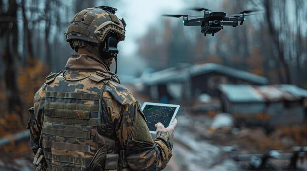 AI generated A soldier with a tablet in his hands controls a patrolling quadcopter. Modern military weapons photo