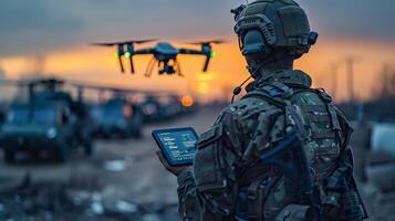 AI generated A soldier with a tablet in his hands controls a patrolling quadcopter. Modern military weapons photo