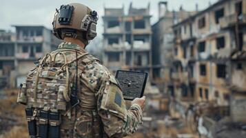 AI generated A soldier with a tablet in his hands controls a patrolling quadcopter. Modern military weapons photo