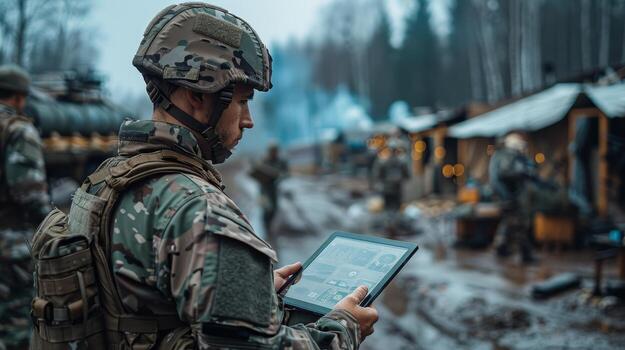 AI generated A soldier with a tablet in his hands controls a patrolling quadcopter. Modern military weapons photo