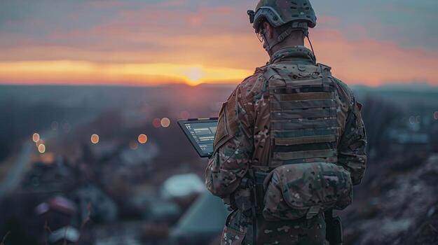 AI generated A soldier with a tablet in his hands controls a patrolling quadcopter. Modern military weapons photo