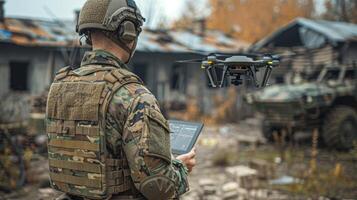 AI generated A soldier with a tablet in his hands controls a patrolling quadcopter. Modern military weapons photo