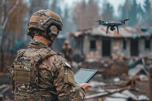 AI generated A soldier with a tablet in his hands controls a patrolling quadcopter. Modern military weapons photo