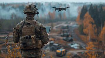 AI generated A soldier with a tablet in his hands controls a patrolling quadcopter. Modern military weapons photo