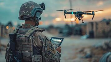 AI generated A soldier with a tablet in his hands controls a patrolling quadcopter. Modern military weapons photo