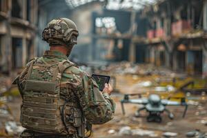 AI generated A soldier with a tablet in his hands controls a patrolling quadcopter. Modern military weapons photo