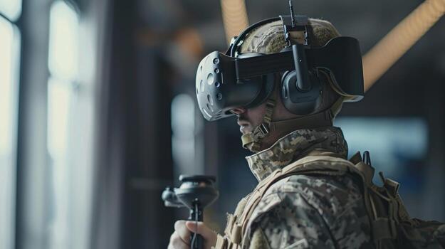 AI generated A soldier wearing virtual reality glasses controls a quadcopter. Modern military weapons photo