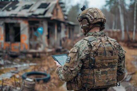 AI generated A soldier with a tablet in his hands controls a patrolling quadcopter. Modern military weapons photo
