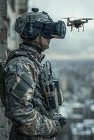 AI generated A soldier wearing virtual reality glasses controls a quadcopter. Modern military weapons photo