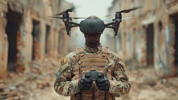 AI generated A soldier wearing virtual reality glasses controls a quadcopter. Modern military weapons photo