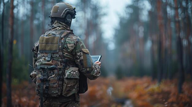 AI generated A soldier with a tablet in his hands controls a patrolling quadcopter. Modern military weapons photo