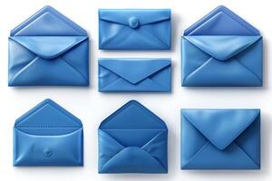 AI generated Set of realistic mockups of blue envelopes on white background photo