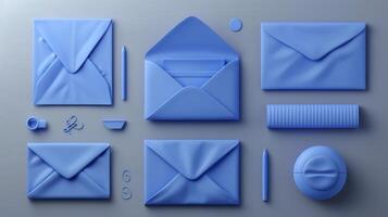 AI generated Set of realistic blue envelope layouts on a blue background photo