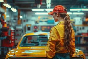 ai generado retrato de un coche reparar tienda niña a un Servicio estación foto