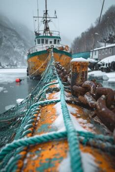 AI generated A fishing ship drags a net with fish in the sultry winter photo