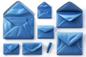 AI generated Set of realistic mockups of blue envelopes on white background photo