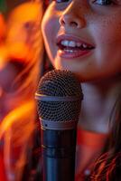 AI generated A teenage girl sings a song into a microphone in front of children photo