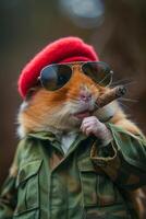 AI generated A hamster in a military uniform and a red birette with a cigar photo