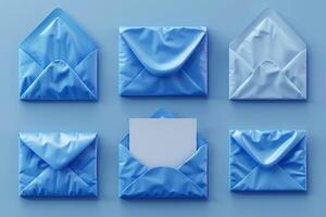 AI generated Set of realistic blue envelope layouts on a blue background photo