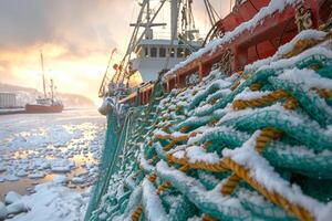 AI generated A fishing ship drags a net with fish in the sultry winter photo