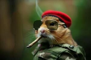 ai generado un hámster en un militar uniforme y un rojo birrete con un cigarro foto