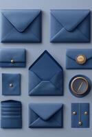 AI generated Set of realistic blue envelope layouts on a blue background photo